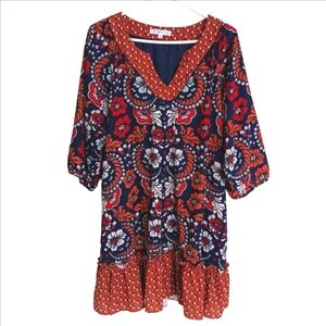 Joy Joy Navy, Rust & Turquise Paisley Print Pull-on Flowy Boho Ruffle Hem Dress